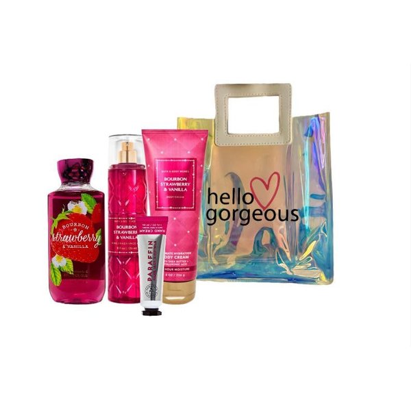 White Barn - Bath and Body Works - Gift Set 4 Piece Bundle - with Gift Bag Hello Gorgeous (Bourbon Strawberry & Vanilla)