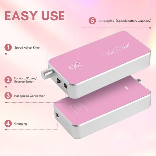 Makartt Electric Nail Drill Professional Portable Efile Kit Rechargeable 35000RPM with Coreless Motor Manicure Nail Drill Machine Nouvella for Acrylic Gel Nails with Drill Bits Set Pink