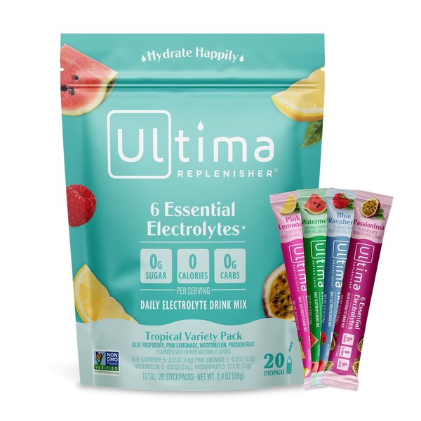 Ultima Replenisher Daily Electrolyte Drink Mix – Tropical Variety, 20 Stickpacks – Hydration Packets with 6 Electrolytes & Minerals – Keto Friendly, Non-GMO & Sugar-Free Electrolyte Powder