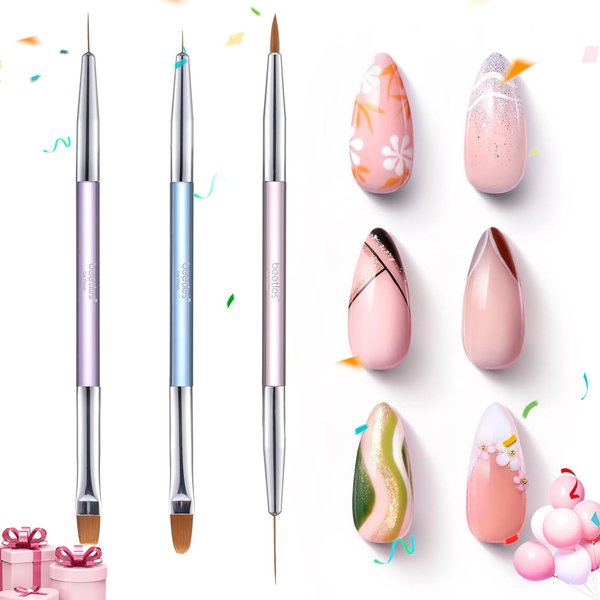 Beetles 3 Pcs Gel Nail Art Brushes Set Gel Polish Design Pen Painting Tools with Liner Brushes Petal Painting Brush and Oval Brush DIY at Home Manicure for Girls