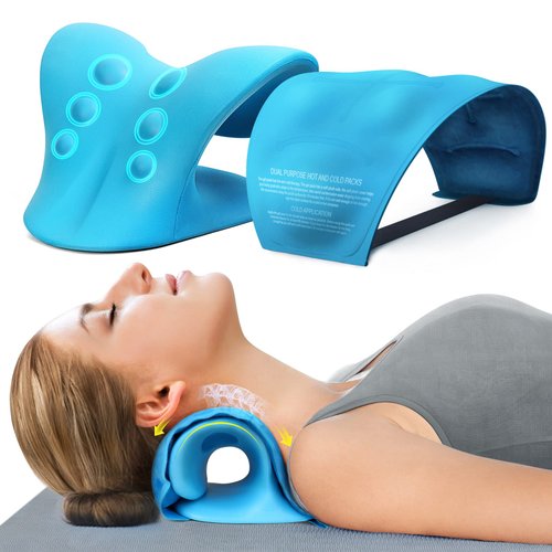 Neck Stretcher & Gel Pack for Pain Relief, Cervical Traction Device Pillow with Hot Cold Compress, Reusable Ice Pack Wrap for Neck, Shoulder, Knee, Back, Hand Injuries, Swelling, Bruises, Sprains