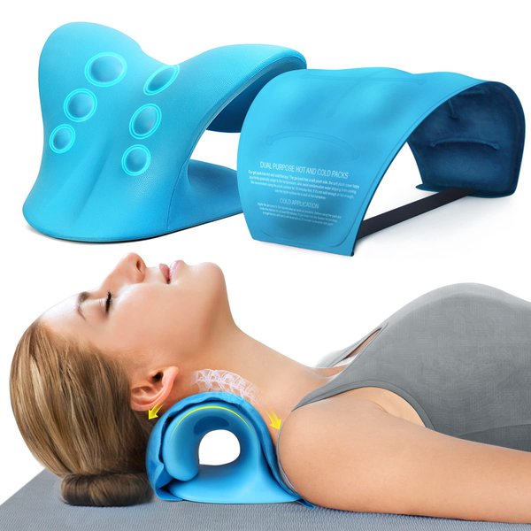 Neck Stretcher & Gel Pack for Pain Relief, Cervical Traction Device Pillow with Hot Cold Compress, Reusable Ice Pack Wrap for Neck, Shoulder, Knee, Back, Hand Injuries, Swelling, Bruises, Sprains