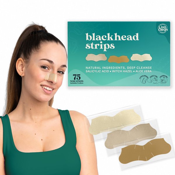 LivaClean (75 CT) Pore Strips w/Salicylic Acid, Witch Hazel & Aloe Vera - Blackhead Remover for Face Nose Pores Blackheads Removal - Blackhead Remover Strip - Black Head Nose Strips Blackhead Remover