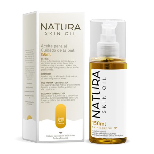 Rouge Co. Natura Skin Oil 5fl OZ - Anti-Stretch Marks and Scars Body Oil Skin Care Firming, Non-Greasy, Deeply Hydrates and Nourishes - Tensor and Skin Repair Effect., Gold