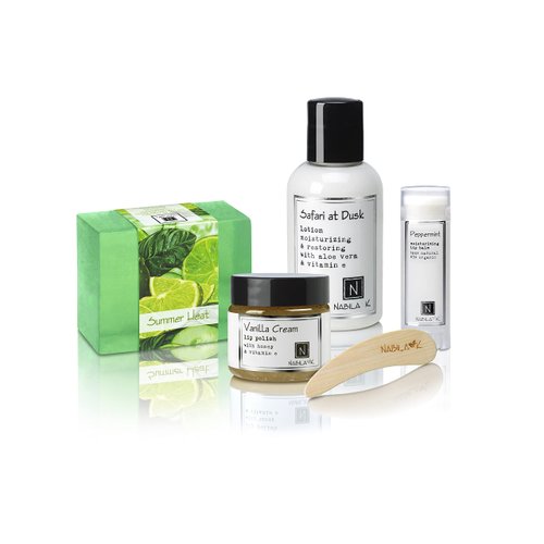 Nabila K Luxury Kit Gift Set - Bath & Body Skincare Spa Gifts for Women & Men - Includes Soaps, Lotions, Face & Body Scrubs & More - Ready to Gift Box - Summer Safari