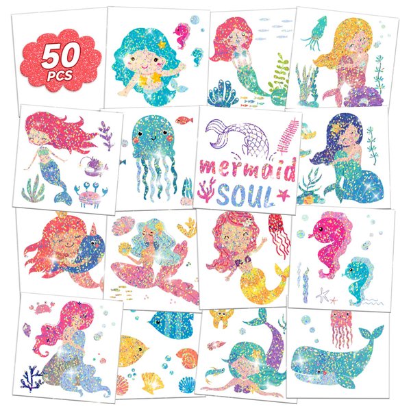 EMOME Mermaid Temporary Tattoos for Girls, 50 Styles Glitter Tattoos for Kids Individually Wrapped, Mermaid Stickers Special for Girls Party Favors Decorations Supplies