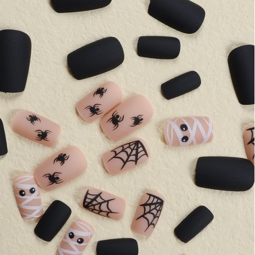 Halloween Press on Nails Short Square Fake Nails with Cute Mummy Designs Glossy Pink Nails Press ons Cute Spider Cobweb Full Cover Acrylic Nails French Halloween Glue on Nails for Women 24Pcs
