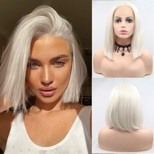 xiweiya Short Blonde Bob Wigs Hair Synthetic Blonde White bob Lace Front Wigs Middle Part Heat Resistant Fiber for Women, Girl Drag Queen Hair Platinum Wigs Hairstyle Wig 14 inch
