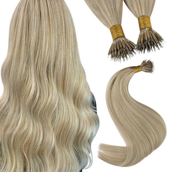 YoungSee Nano Hair Extensions Blonde Highlights Ash Blonde with Light Blonde Nano Tip Hair Extensions Real Human Hair Blonde Nano Beads Human Hair Extensions Pre Bonded Hair Extensions 16in 1G/S 50g