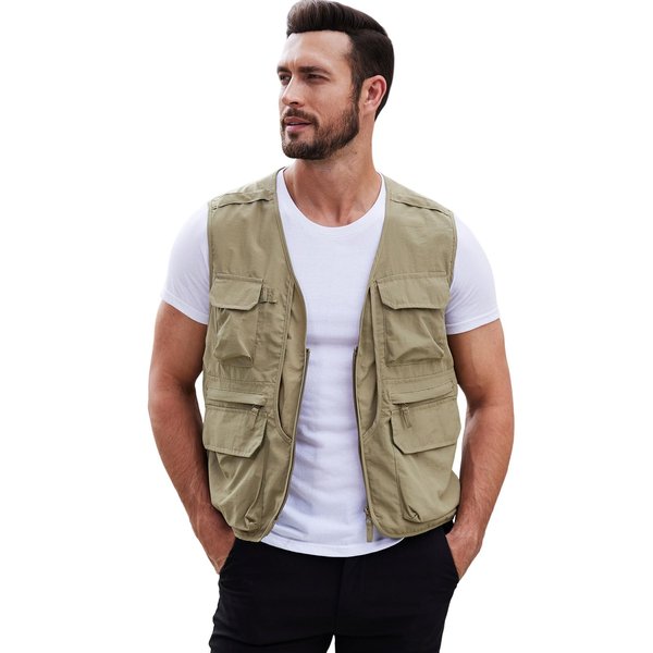 Gihuo Mens Fishing Vest Summer Outdoor Work Vest Utility Safari Travel Lightweight Sleeveless Jackets with Pockets（Khaki-M）