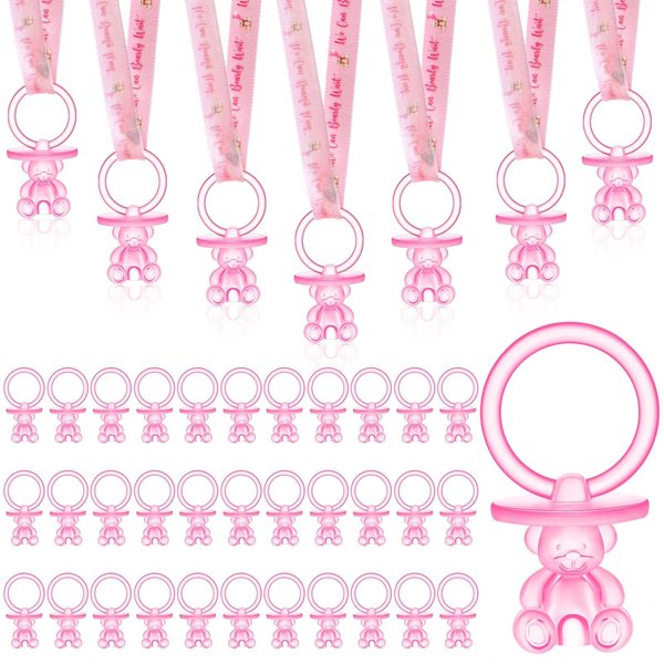 Beeveer 50 Pcs Bear Acrylic Baby Pacifiers Baby Shower Pacifiers Necklace Boy Pacifier Bulk Pacifiers for Baby Shower Game Pacifiers Ribbon Necklace for Party Favors Prize Decorations(Pink)