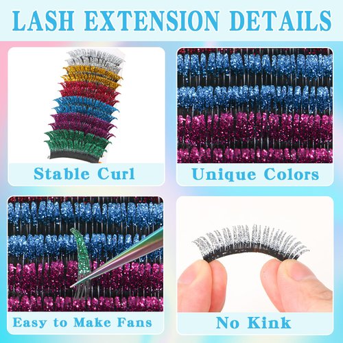 Colored Glitter Lash Extensions, UHOMENY 6 Color False Lashes for Eyelash Extensions D Curl Cosplay Eye Lashes Individual Lashes Self Fanning Eyelash Extension with Tweezers, 0.15D, Mix 15-20mm