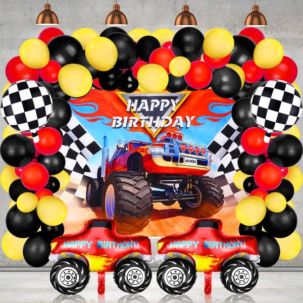 75 Pieces truck Party Supplies truck Balloons Decoration Set Including 1 truck Themed Backdrop 2 truck Balloons 2 Mosaic Race Foil Balloons and 70 Multicolor Balloons