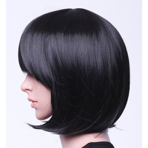 SWACC 11” Women Short Straight Synthetic Bob Wig Candy color Cosplay Wig Anime Costume hairpiece for Party with Wig Cap (Black-11)