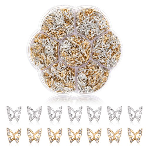 TemBelle Nail Charms, 50 Pcs Butterfly Nail Charms 3D Butterflies Shape Charms for Nails Gems, Nail Art Decorations Supplies (25Pcs Gold, 25Pcs Silver)