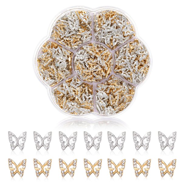 TemBelle Nail Charms, 50 Pcs Butterfly Nail Charms 3D Butterflies Shape Charms for Nails Gems, Nail Art Decorations Supplies (25Pcs Gold, 25Pcs Silver)