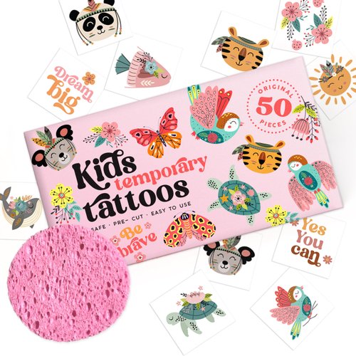 Kids Temporary Tattoos - Made in Europe Hypoallergenic, Pre-Cut, 50 Pcs Original Kid Tattoos, Designs with Sea World, Butterflies, Flowers, Motivational Words - Gift Tattoos for Boys and Girls