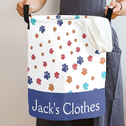 Pet Cat Dog Paw Personalized Freestanding Laundry Hamper, Custom Waterproof Collapsible Drawstring Basket Storage Bins with Handle for Clothes