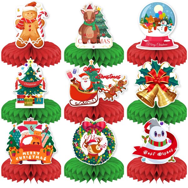 Christmas Party Decorations,KSKSPE Christmas Centerpieces for Tables Honeycomb Centerpieces 3D Christmas Theme Birthday Party Decor Supplies Boys Girls-9 PCS