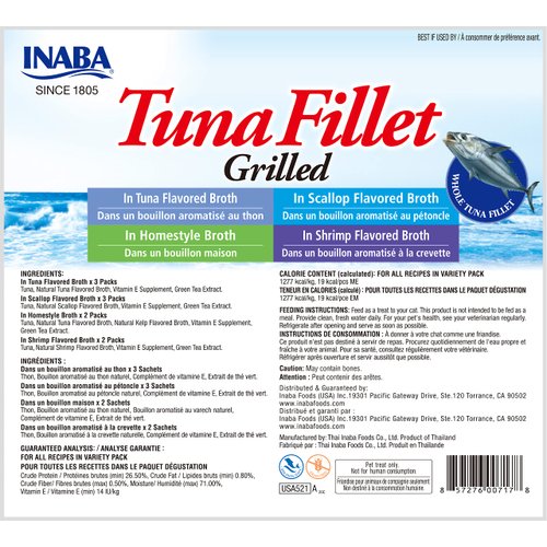 INABA Natural, Premium Hand-Cut Grilled Tuna Fillet Cat Treats/Topper/Complement with Vitamin E and Green Tea Extract, 0.52 Ounces Each, Pack of 10, Variety Pack