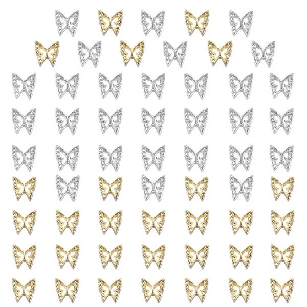 qiipii 60pcs Butterfly Nail Charms Bulk 3D Golden Silver Butterflies Charms for Acrylic Nails, Nail Alloy Studs Charms Nail Art Jewels Decor Supplies Accessories for Nails Face Makeup Body DIY Crafts