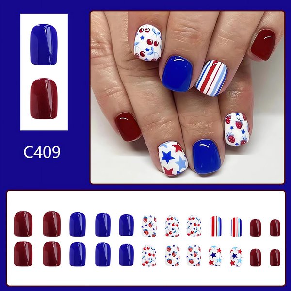 LPOODDNU Blue Red White Press on Nails Short Square Fake Nails Cute Star Cheery Strawberry Glue on Nails Independence Day Nail Art Decorations Square Shape Short False Nails for 4th of July, 24Pcs