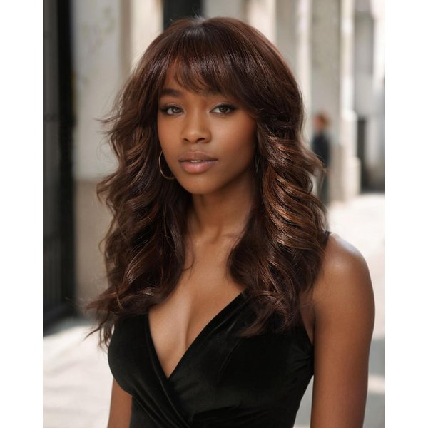 Allbell Body Wave Wig with Bangs Medium Length Highlight Brown Wigs for Women Synthetic Mixed Brown Wavy Curly Wigs Heat Resistant Fiber Hair for Daily 16Inch