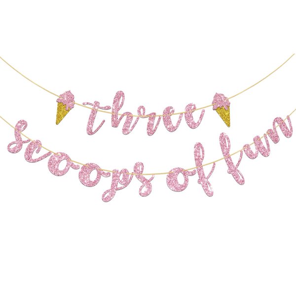 Kaakswa Three Scoops of Fun Birthday Banner, Ice Cream 3rd Birthday Decorations for Girls, Summer Ice Cream Theme Three is So Sweet Birthday Party Supplies, Pink Glitter