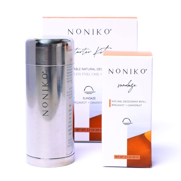 NONIKO - Natural Deodorant - SUNDAZE STARTER KIT - Stainless Steel Container - Aluminum Free, Paraben Free, Plastic Free - For Men & Women – Bergamot Grapefruit