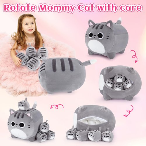 Grey Cat Plush, 5 PCS Cat Plush Stuffed Animal Family, 16" Grey Cat Mommy Cat with 4 Baby Kittens Cat Plushies for Kids, Kawaii Cat Plush Toy Christmas Birthday Gifts for Kids Boys Girls