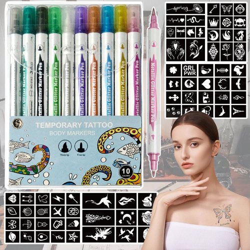 Temporary Tattoo Markers for Skin, Skin-Safe Dual-End Temporary Tattoo Pen,10 Colors Body Marker Pen & Tattoo Stencils for Body and Face Paint N201130