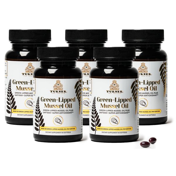 TURNER New Zealand Green Lipped Omega-3 Mussel Oil, 53x Higher potency with UAF1000+ Super Antioxidant for Superior Joint Comfort & Mobility, No Fishy Aftertaste, 5 Bottles, 300 Softgels