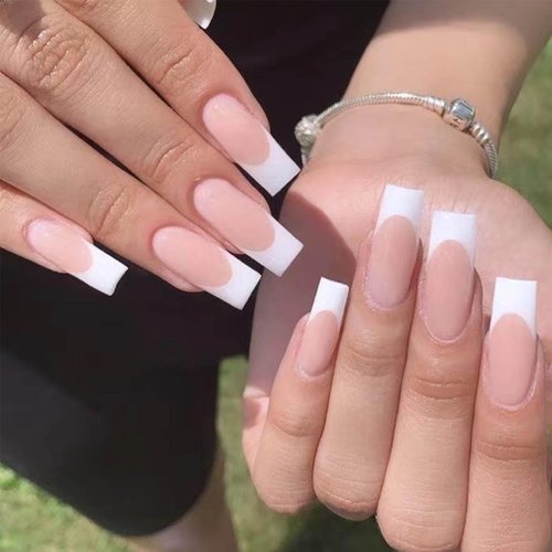 DANMANR Square Fake French Nails False Long Nails Full Cover Acrylic Long Fake Nails for Women and Girls 24PCS (Color 4)