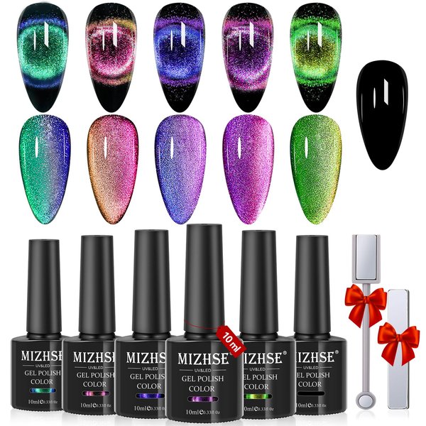 MIZHSE 9D Cat Eye Gel Nail Polish, Magnetic Cat Eye Gel Polish Set, 10ml*6 with 2 Magnets, Classic Colors Chameleon Magic Galaxy Effect Soak off Nail Art - Sparkle Stunning Gel Polish Gift for Women
