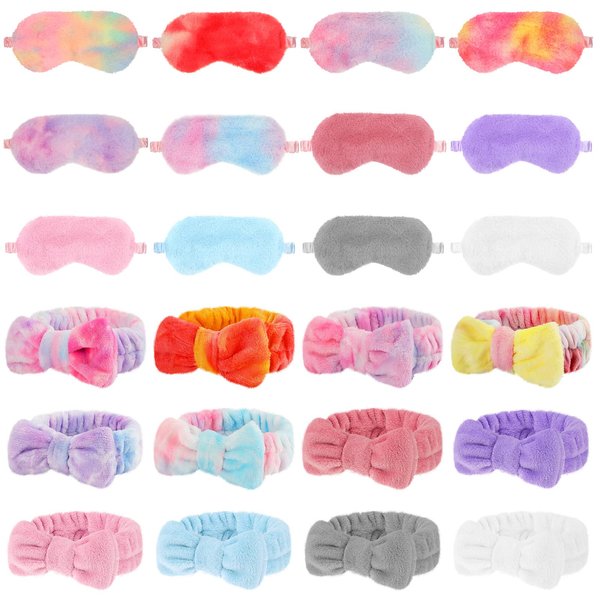Xuhal 24 Pcs Sleepover Party Favors for Teenager Girl, Spa Headband Plush Eye Mask Bow Makeup Headbands Head Wraps Sleep Blindfold Masks for Sleepover Birthday Party (Solid Color and Tie Dyed)