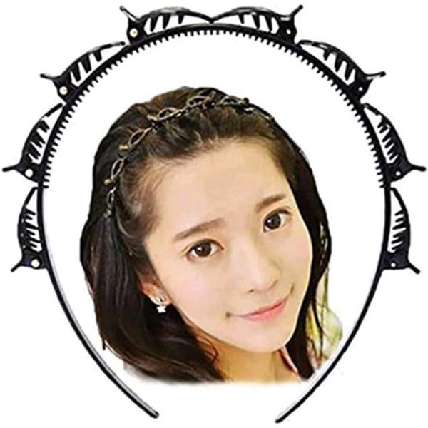 Chennie Double Layer Twist Plait Black Headband Hair Tools, Double Bangs Hairstyle Hairpin, Multi-Layer Hollow Woven Headband, Headband with Alligator Clip (Black)