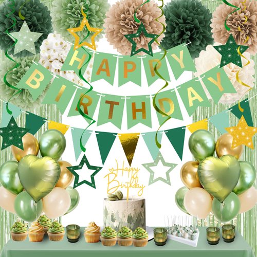 Birthday Decorations for Women Sage Green Party Decorations - Glitter Green and Gold Happy Birthday Decorations with Star Swirls, Sage Green Party Supplies, Great for Womens Birthday Decorations