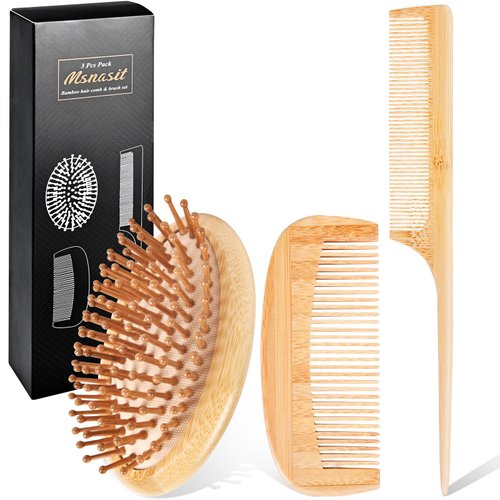 3PCS Bamboo Hair Brush Set, Wide-tooth and tail comb, Massaging Scalp, Detangling brush for Women, Men &Kids, Eco-friendly Natural Wooden for All Hair Types by Msnasit