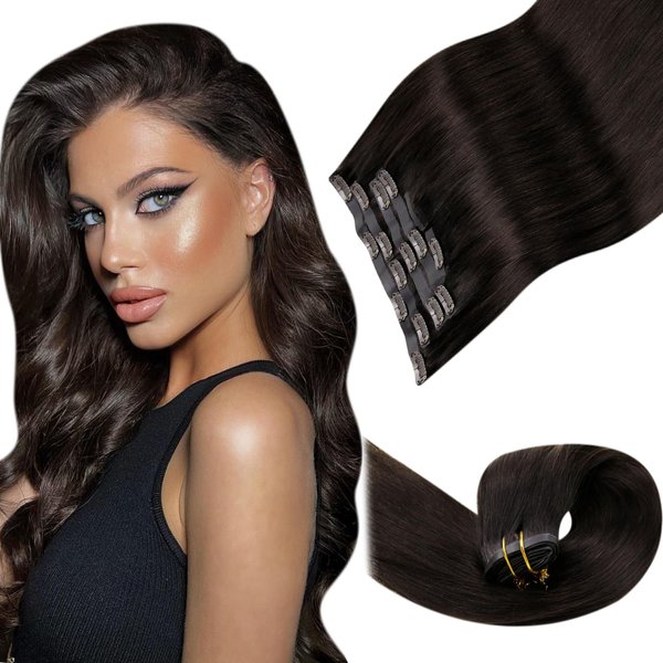 LaaVoo Clip in Hair Extensions Real Human Hair Dark Brown 18 inch Seamless Clip in Hair Extensions Human Hair Brown Seamless Hair Extensions Human Hair Clip in Invisible PU Weft 7pcs 110g