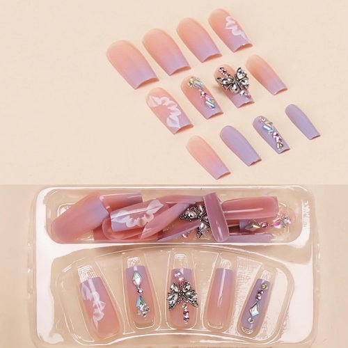 BABALAL Purple Press on Nails Long Square Fake Nails Butterfly Design Glue on Nails 3D Flower Charm Acrylic Nails 24Pcs Bling Squoval Luxury Full Cover False Nails