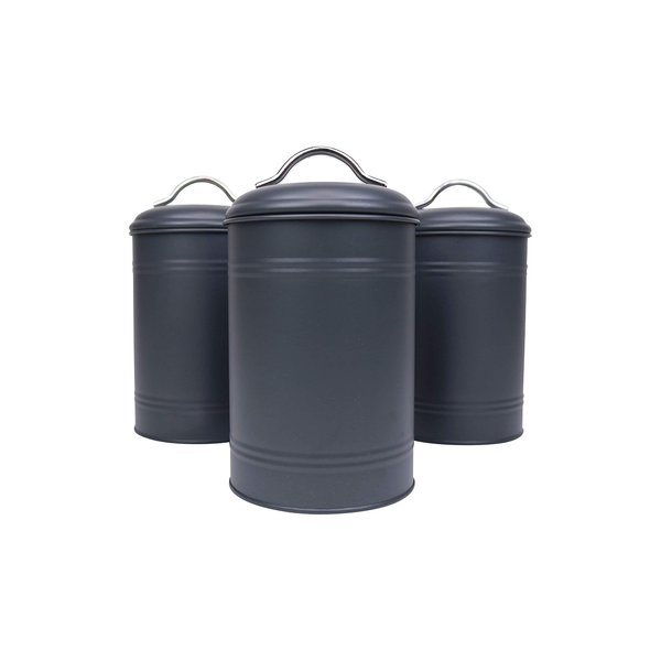 Kitchen Canisters, Set of 3 for Countertop Storage of Coffee, Food, Charcoal Grey Metal, All One-Size, Airtight Lids, Modern Farmhouse Industrial (8 Inches High with Lids, 4.5 Inches Diameter)