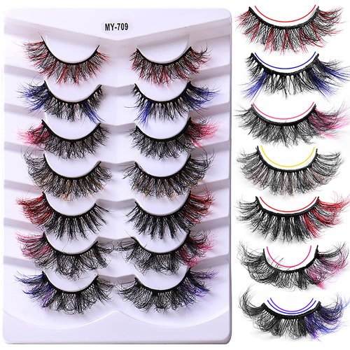 BCFHYK Upgraded 7 Pairs Colored Lashes Russian Strip Lashes with Color 7 Colors 7 Styles Eyelashes Mix Wispy Faux Mink Lashes Fluffy Long False Eyelashes Reusable D Curl Lash-709