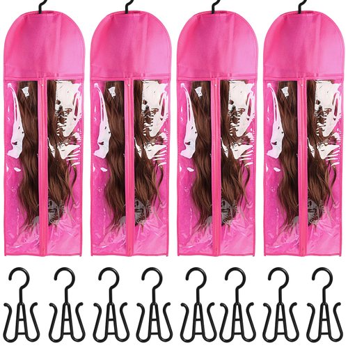 4 PCS Wig Holder Wig Storage Bags Wig Hanger Extra Long Hair Extension Holder Wig Storage for Multiple Wigs(31.5 Inch、Rose Red)
