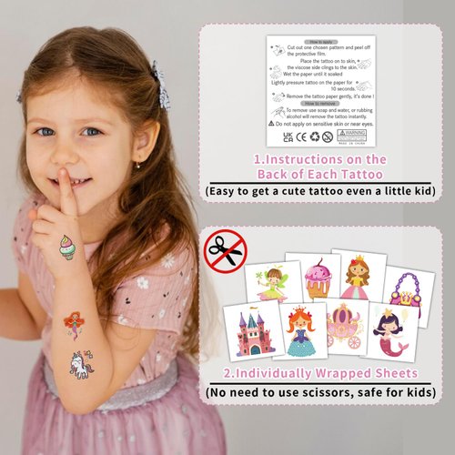 Partywind 408 PCS Kids Temporary Tattoos for Girls, Individually Wrapped Cut Tattoos for Birthday Party Supplies Favors, Goodie Bag Stuffers for Children, Girls Party Decorations
