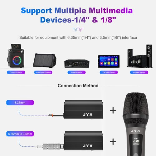JYX Wireless Microphones, Dual UHF Handheld Dynamic Mic with Receiver, 6.35mm(1/4") Output,3.5mm (1/8") Adapter,160ft Range, Metal Rechargeable Karaoke Microphones for Party, Wedding, Class, Speech