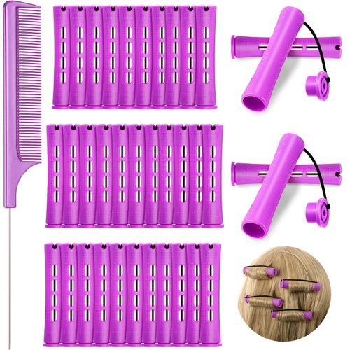 36 Pieces Cold Wave Rod Hair Perm Rods Hair Rollers Perming Rods Curlers with Steel Rat Tail Comb for Hairdressing Styling(Purple, 0.75 Inch)