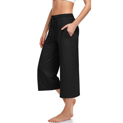 UEU Womens Plus Size Capris Casual Loose Yoga Pants Wide Leg Pull On Lounge Pajama Capri Sweatpants with Pochets(Black,3XL)