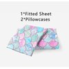MUSOLEI Mermaid Fitted Sheet Set 3D Rainbow Scales Full Girls Bedding Set Mermaid Girl Bed Sheets 3PCS 1 Deep Pocket Fitted Sheet with 2 Pillowcases Wrinkle Free Cozy Microfiber(01,Queen)