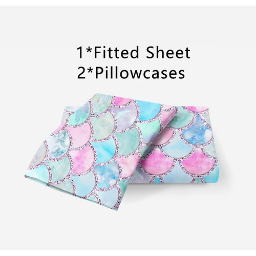 MUSOLEI Mermaid Fitted Sheet Set 3D Rainbow Scales Full Girls Bedding Set Mermaid Girl Bed Sheets 3PCS 1 Deep Pocket Fitted Sheet with 2 Pillowcases Wrinkle Free Cozy Microfiber(01,Queen)