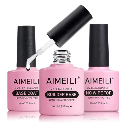 AIMEILI Builder Nail Gel, Base Coat, and No Wipe Top Coat Kit Set 3 Pcs 10ML Soak Off U V LED Gel Nail Polish